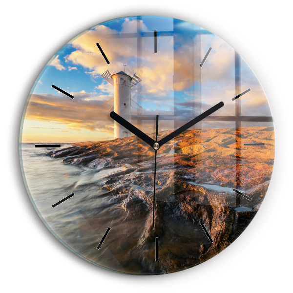 Round glass wall clock The Lighthouse and the Baltic Sea