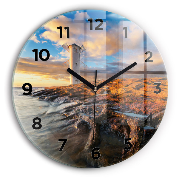 Round glass wall clock The Lighthouse and the Baltic Sea