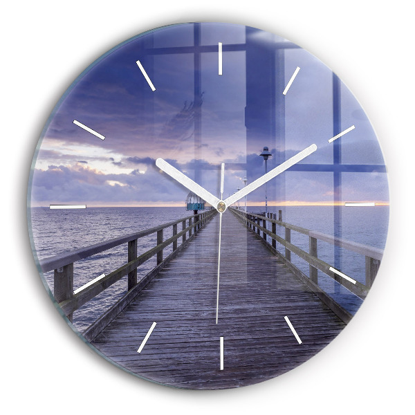 Round glass wall clock Pier on the Baltic Sea