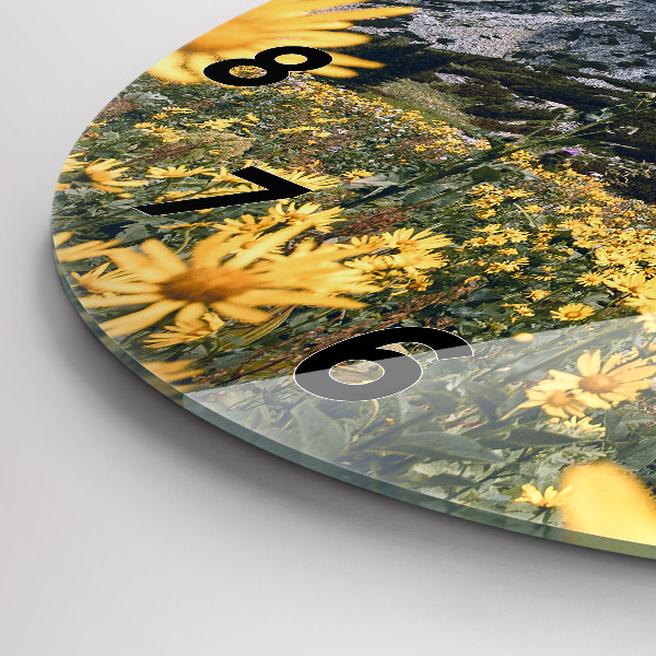 Round glass wall clock Meadow flowers in the mountains