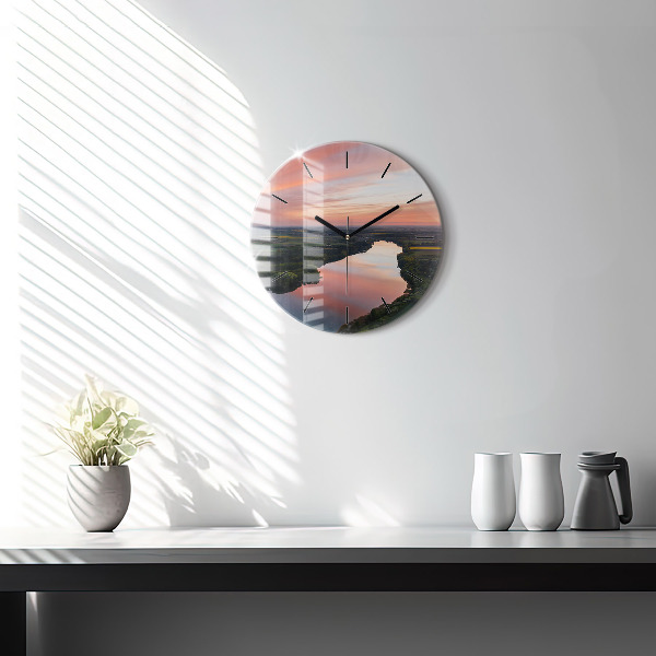 Round glass wall clock Lake view