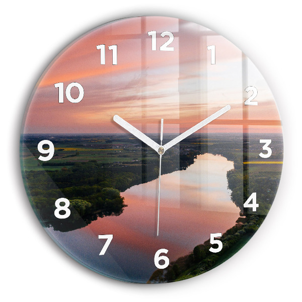 Round glass wall clock Lake view