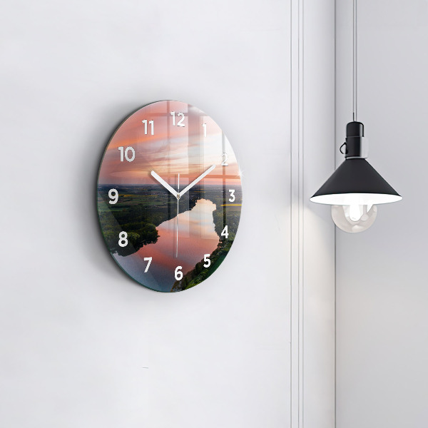 Round glass wall clock Lake view