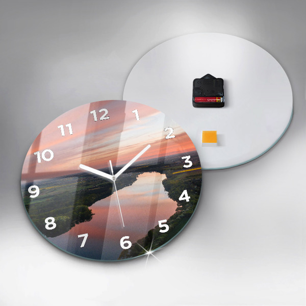 Round glass wall clock Lake view