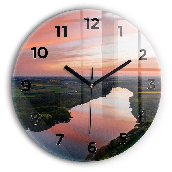 Round glass wall clock Lake view