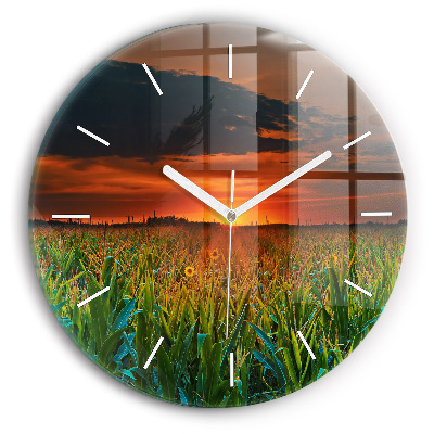 Round glass wall clock Sunflowers in the meadow