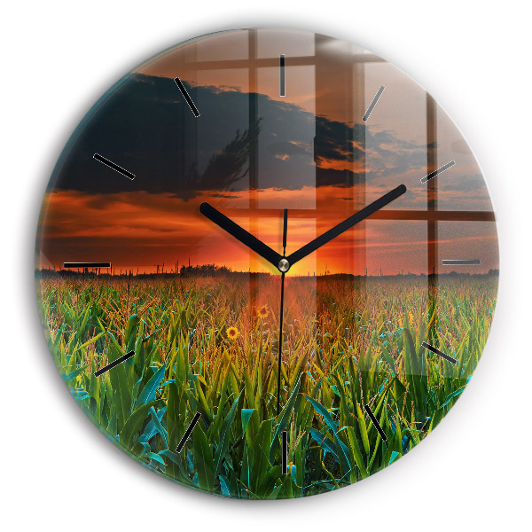 Round glass wall clock Sunflowers in the meadow