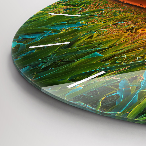 Round glass wall clock Sunflowers in the meadow