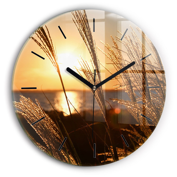 Round glass wall clock Wheat in the golden sun
