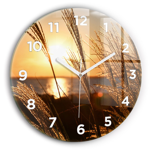 Round glass wall clock Wheat in the golden sun
