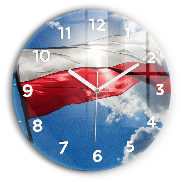 Round glass wall clock The Polish flag against the sky