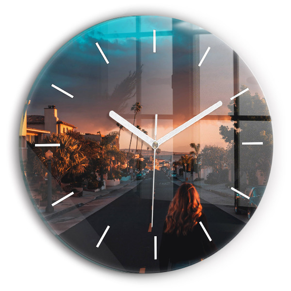 Round glass wall clock Woman on the road