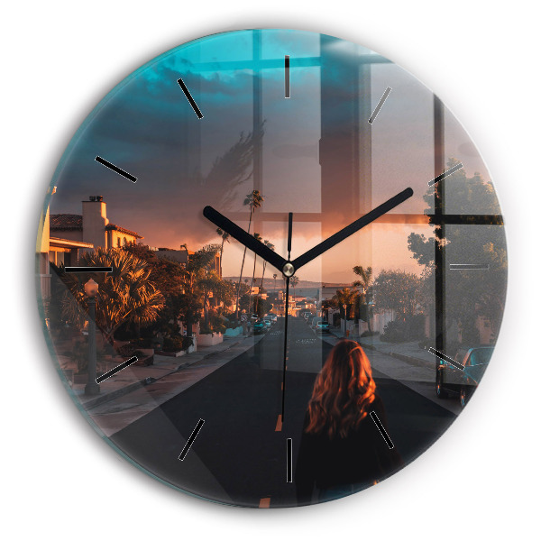 Round glass wall clock Woman on the road