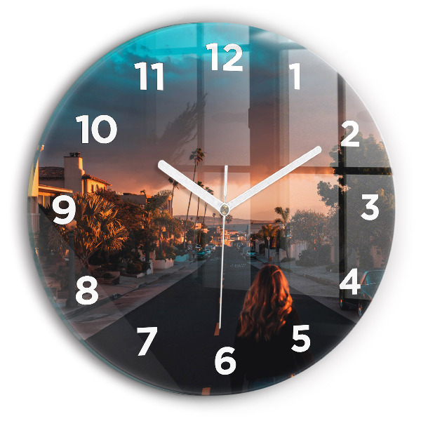 Round glass wall clock Woman on the road
