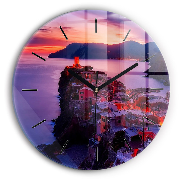 Round glass wall clock Houses near the Lake