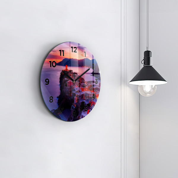 Round glass wall clock Houses near the Lake