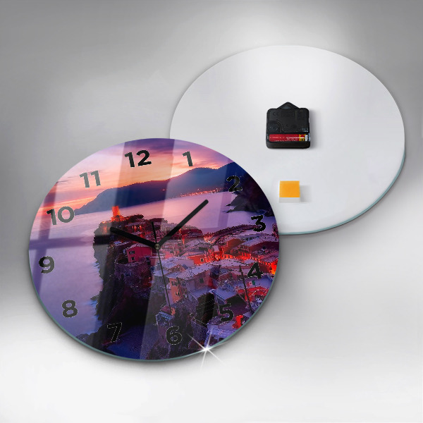 Round glass wall clock Houses near the Lake