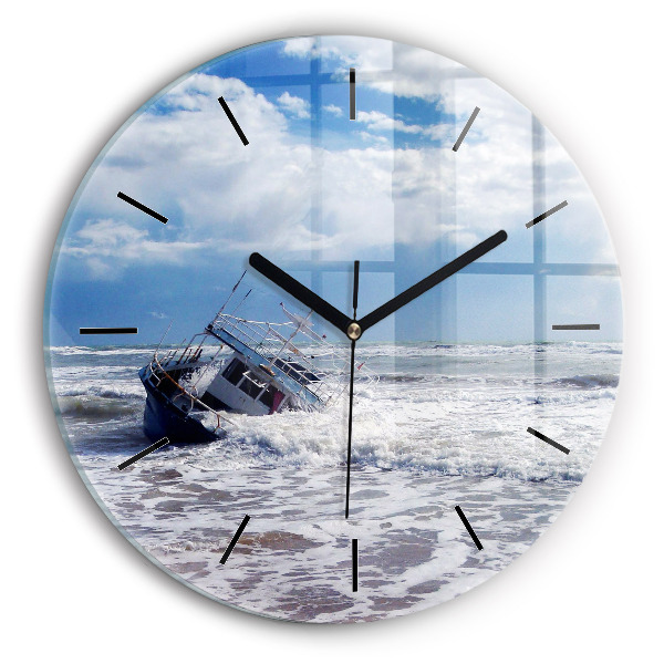 Round glass wall clock Sunken watercraft