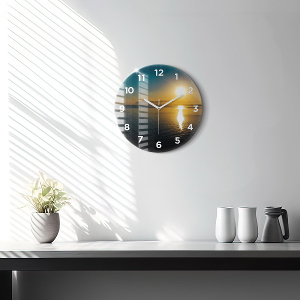 Round glass wall clock Sunrise landscape