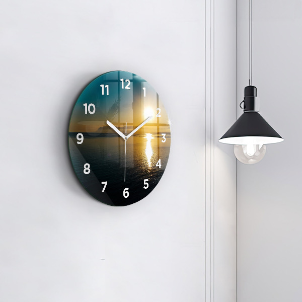 Round glass wall clock Sunrise landscape