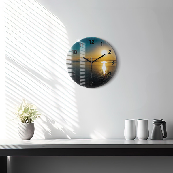 Round glass wall clock Sunrise landscape