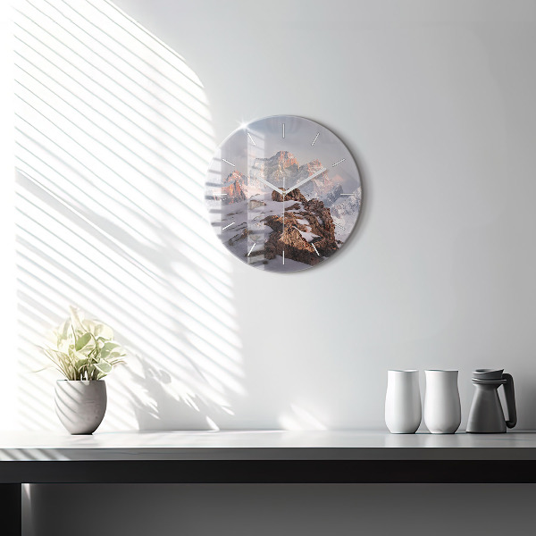 Round glass wall clock A mountain covered in snow