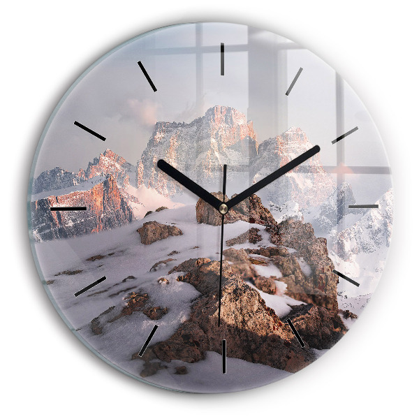 Round glass wall clock A mountain covered in snow