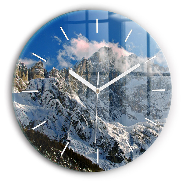 Round glass wall clock Mountains under blue sky