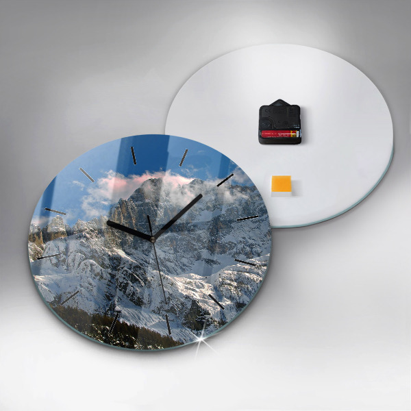 Round glass wall clock Mountains under blue sky