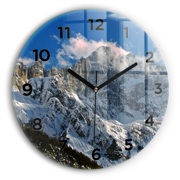 Round glass wall clock Mountains under blue sky