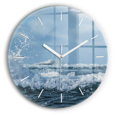 Round glass wall clock Photo of sea waves