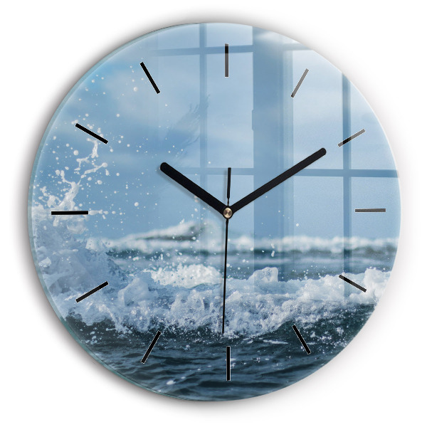 Round glass wall clock Photo of sea waves