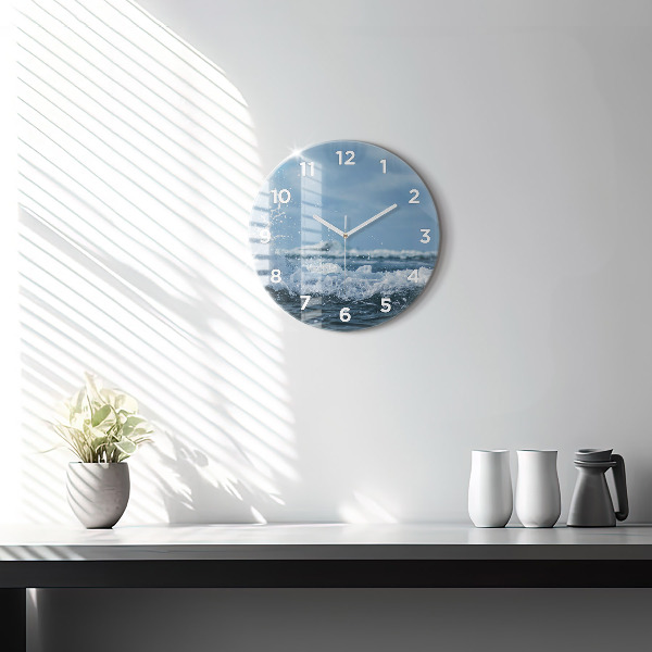 Round glass wall clock Photo of sea waves
