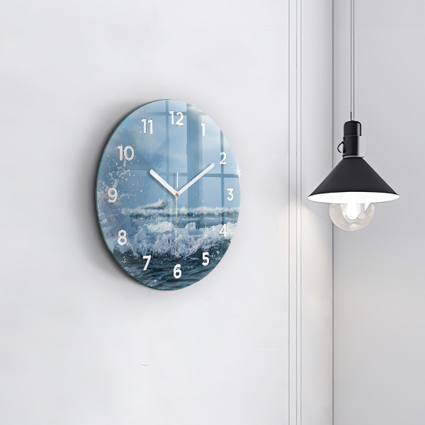 Round glass wall clock Photo of sea waves