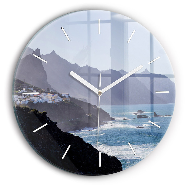 Round glass wall clock Mountains by the ocean