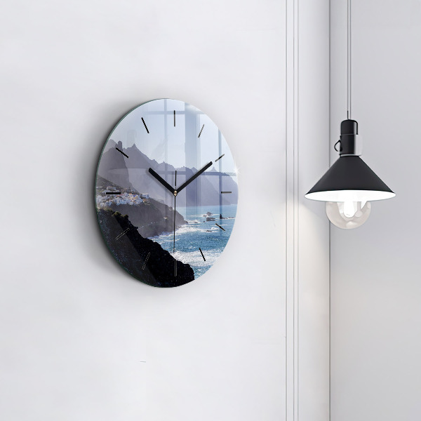 Round glass wall clock Mountains by the ocean