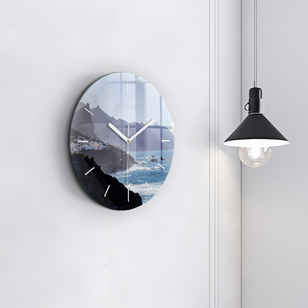 Round glass wall clock Mountains by the ocean