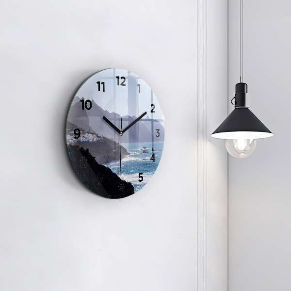 Round glass wall clock Mountains by the ocean