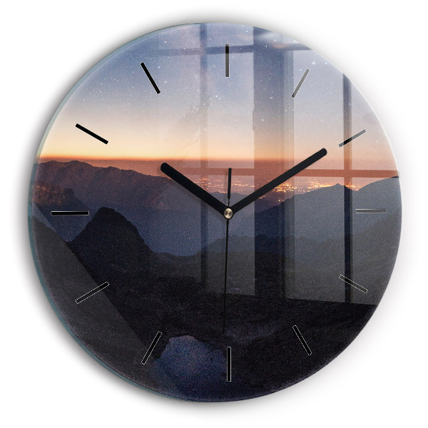 Round glass wall clock Mountains at sunset
