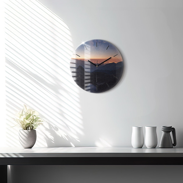Round glass wall clock Mountains at sunset