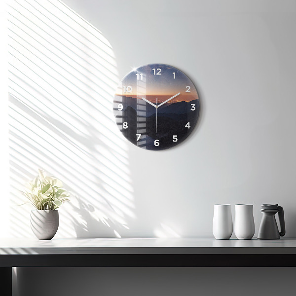 Round glass wall clock Mountains at sunset