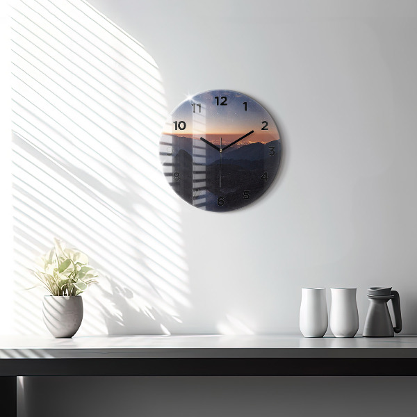 Round glass wall clock Mountains at sunset