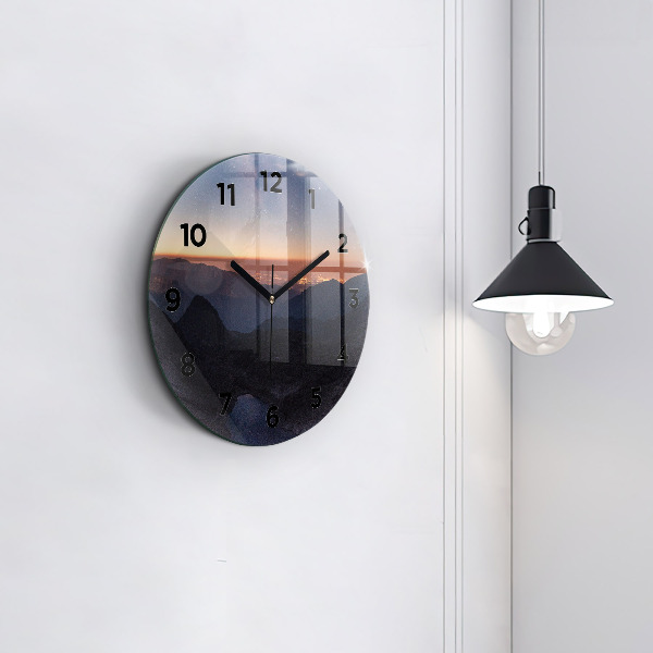Round glass wall clock Mountains at sunset