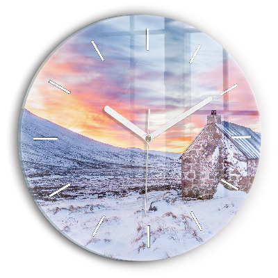 Round glass wall clock Cottage in the mountains