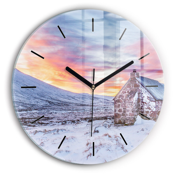Round glass wall clock Cottage in the mountains