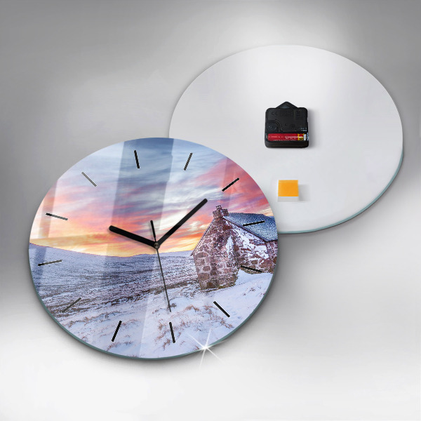 Round glass wall clock Cottage in the mountains