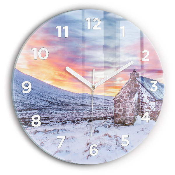 Round glass wall clock Cottage in the mountains