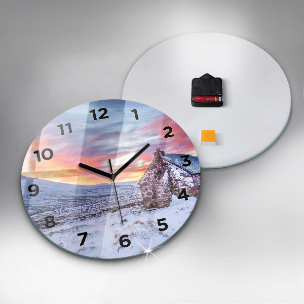 Round glass wall clock Cottage in the mountains