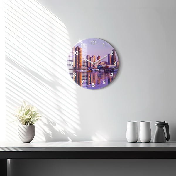 Round glass wall clock View of the skyscrapers of the USA