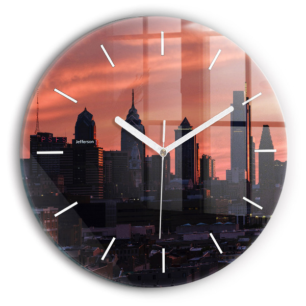 Round glass wall clock Philadelphia City Skyline